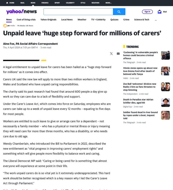 Press coverage: Unpaid leave a 'huge step forward' — but most carers don't know they're entitled