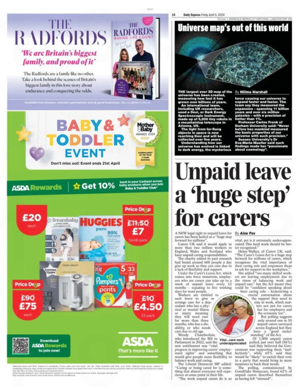 Daily Express coverage: Over half of unpaid carers cannot meet their own wellbeing needs, survey finds
