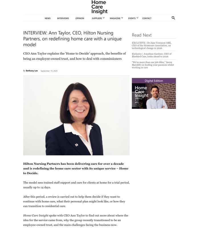 Home Care Insight coverage: Ann Taylor, Hilton Nursing Partners: the case for giving people time to decide at home